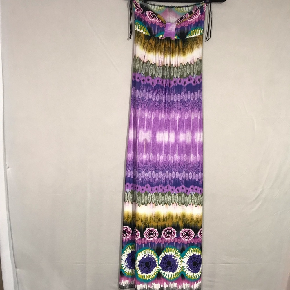 Chico’s Bandeau Maxi Summer Dress Size Small, Bohemian Tie Dye Print, Strapless